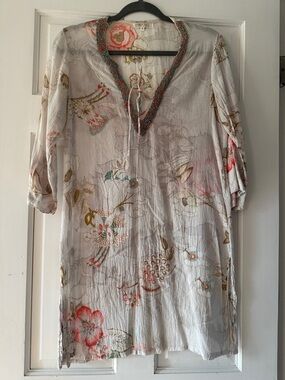 Boho Floral Swim Coverup Tunic - Cream with Coral & Teal Accents 100% cotton